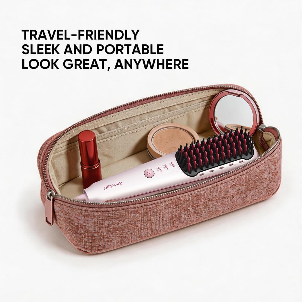 Mini Ionic Hair Straightener Brush - Portable Travel Comb with 3 Temperature Settings | Fast Heating & Anti-Scald, Rose Gold
