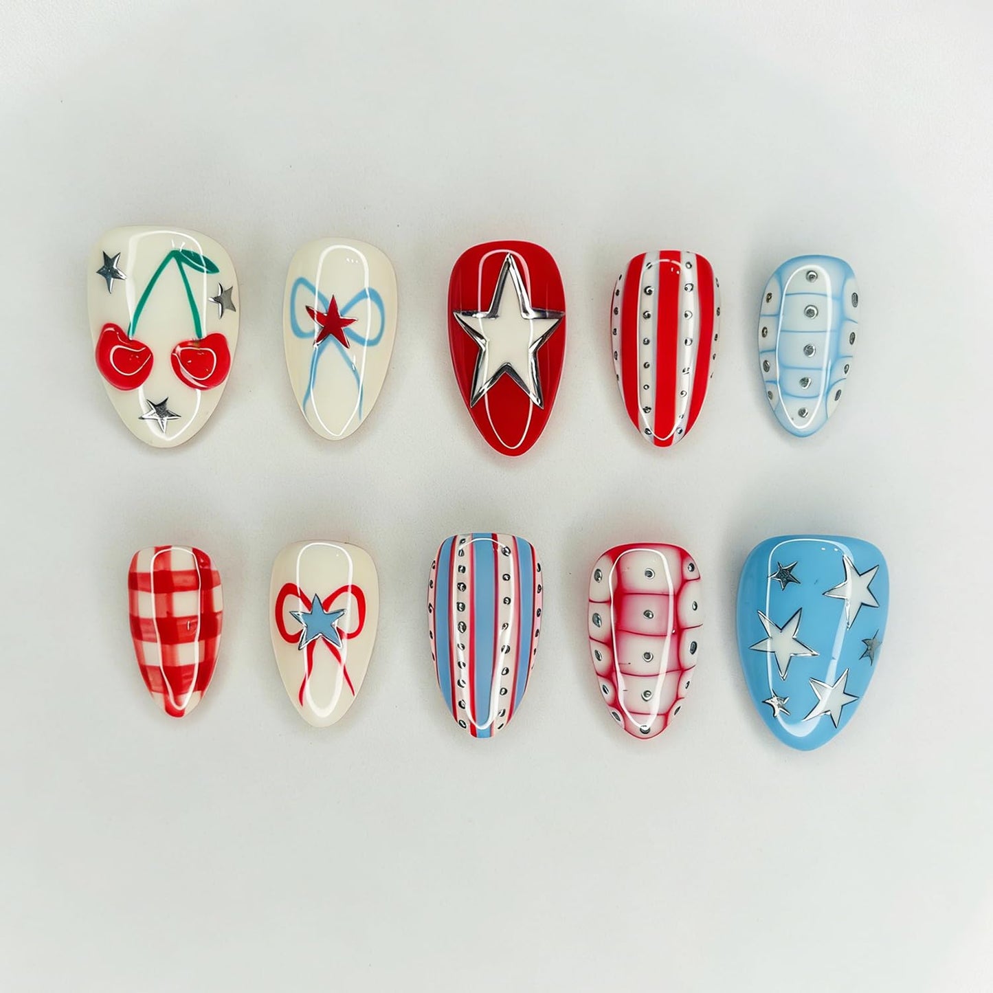Independence Day Press-On Nails - 30Pcs Medium Almond Shape with 3D Red & Blue Bow Designs | Patriotic French Tip Full Cover