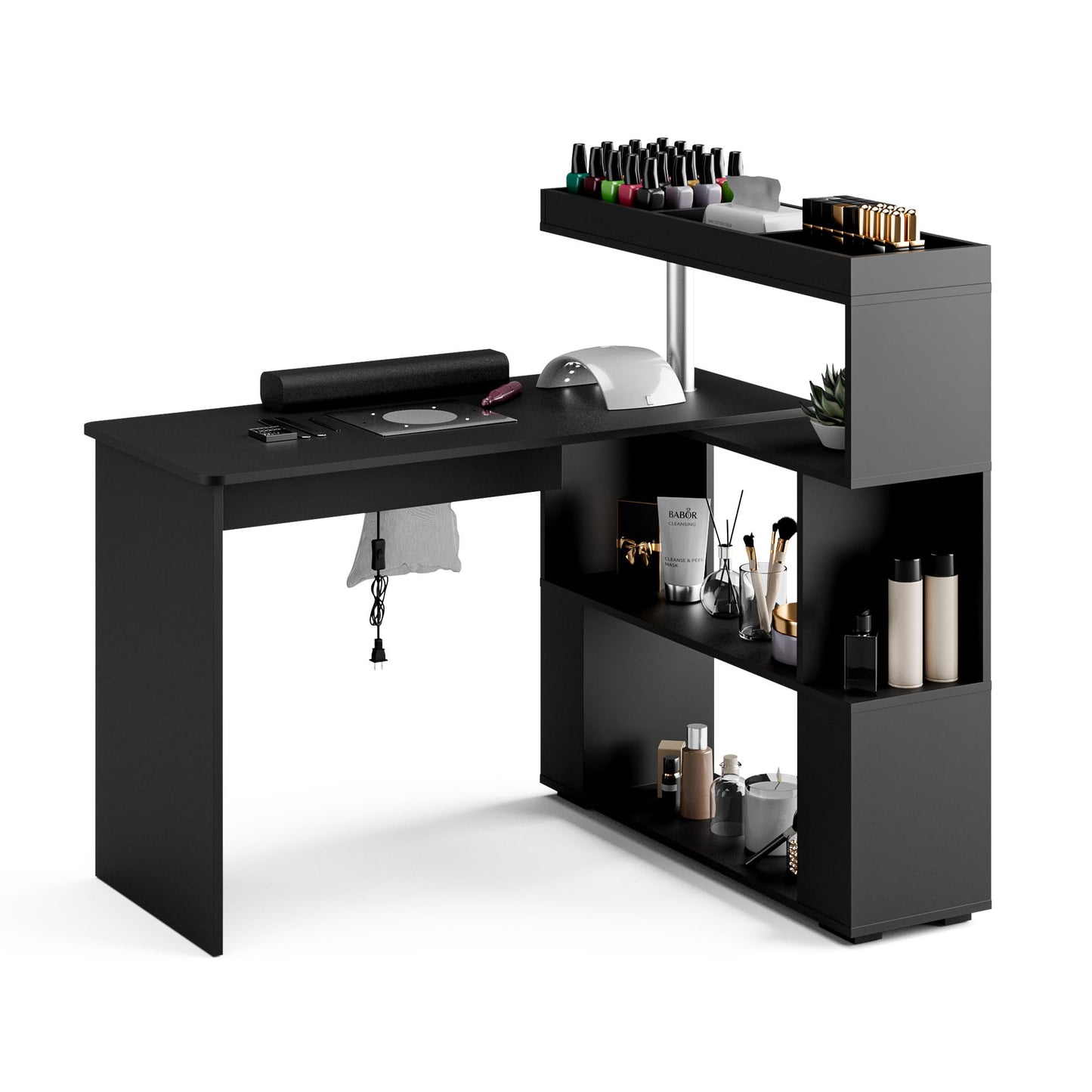 HolaiNail Manicure Table, L-Shaped Nail Tech Desk with Dust Collector, Reversible Rotating Table & Storage Shelf, Acetone Resistant Beauty Salon Station, Black
