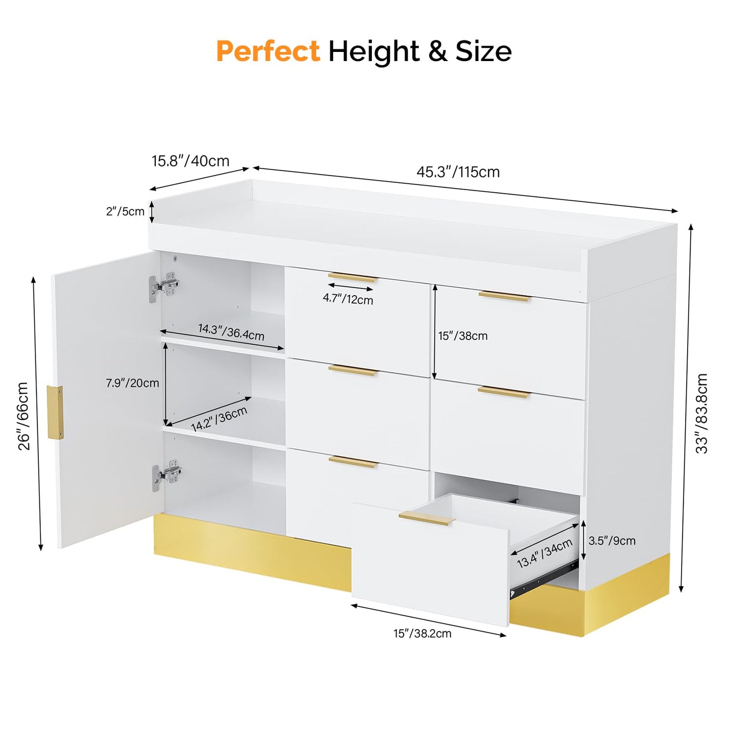 OmySalon Salon Station for Stylists, Free Standing Barber Vanity with 6 Drawers, 1 Cabinet & Adjustable Shelves, Large Storage Hair Beauty Furniture for Barbershop, White Gold