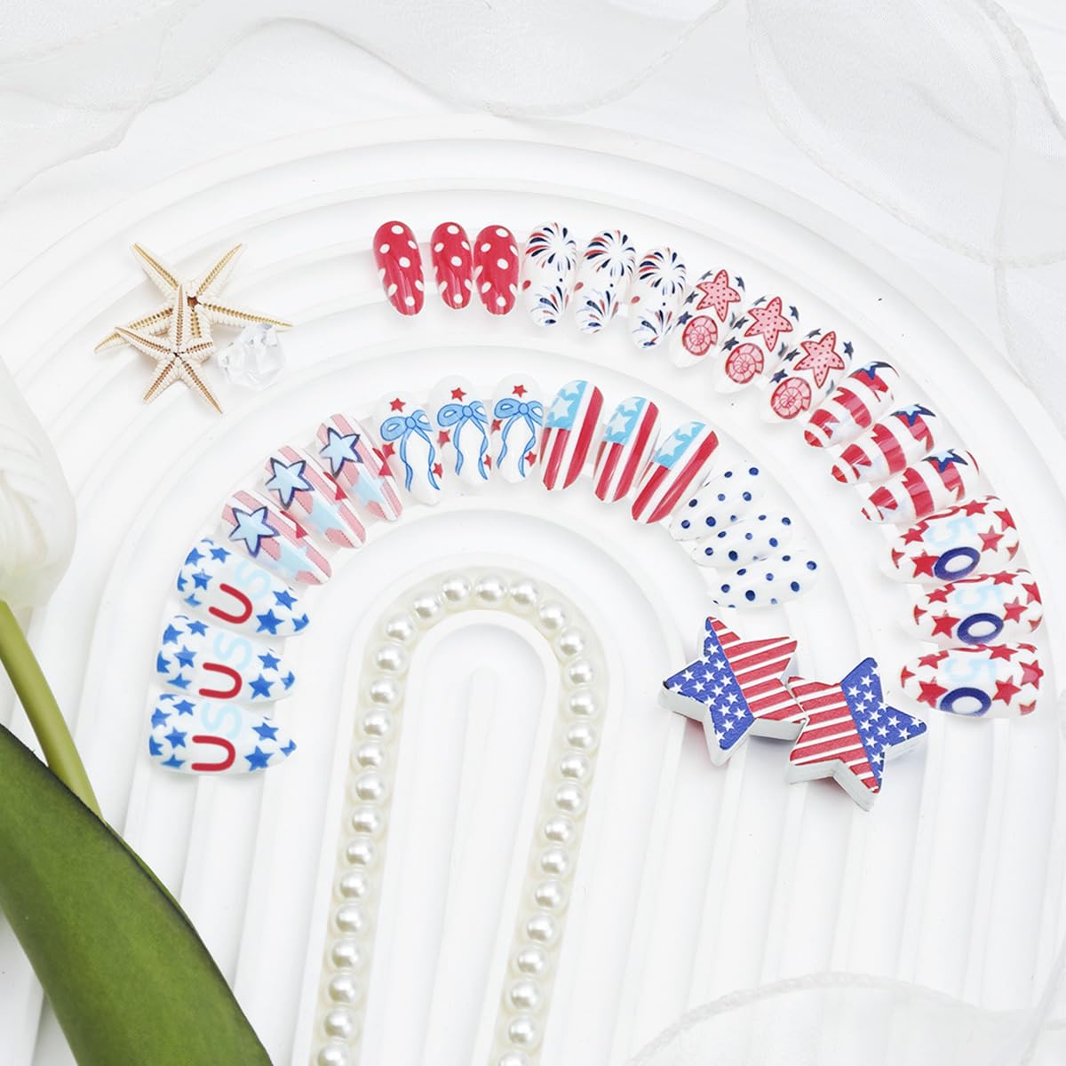 24Pcs 4th of July Press-On Nails - Short Almond American Flag Designs | Patriotic Summer Manicure