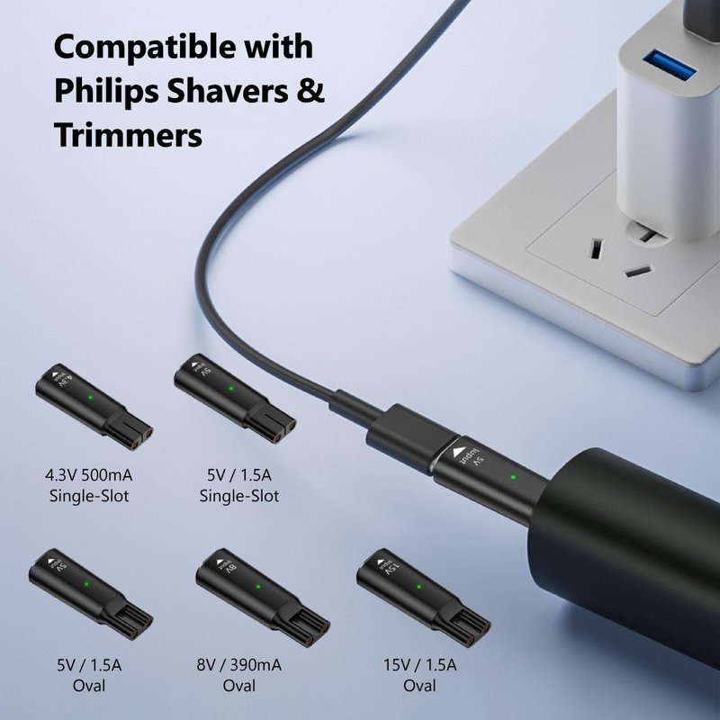 4.3V 5V 8V 15V Type-C Shaver Adapter Charging Converter, Suitable for Philips Norelco 7700/7500/7400 3500/5300 Series, OneBlade QP6520 QP6530 QP6510， Equipped with a Charging Data Cable (5V)