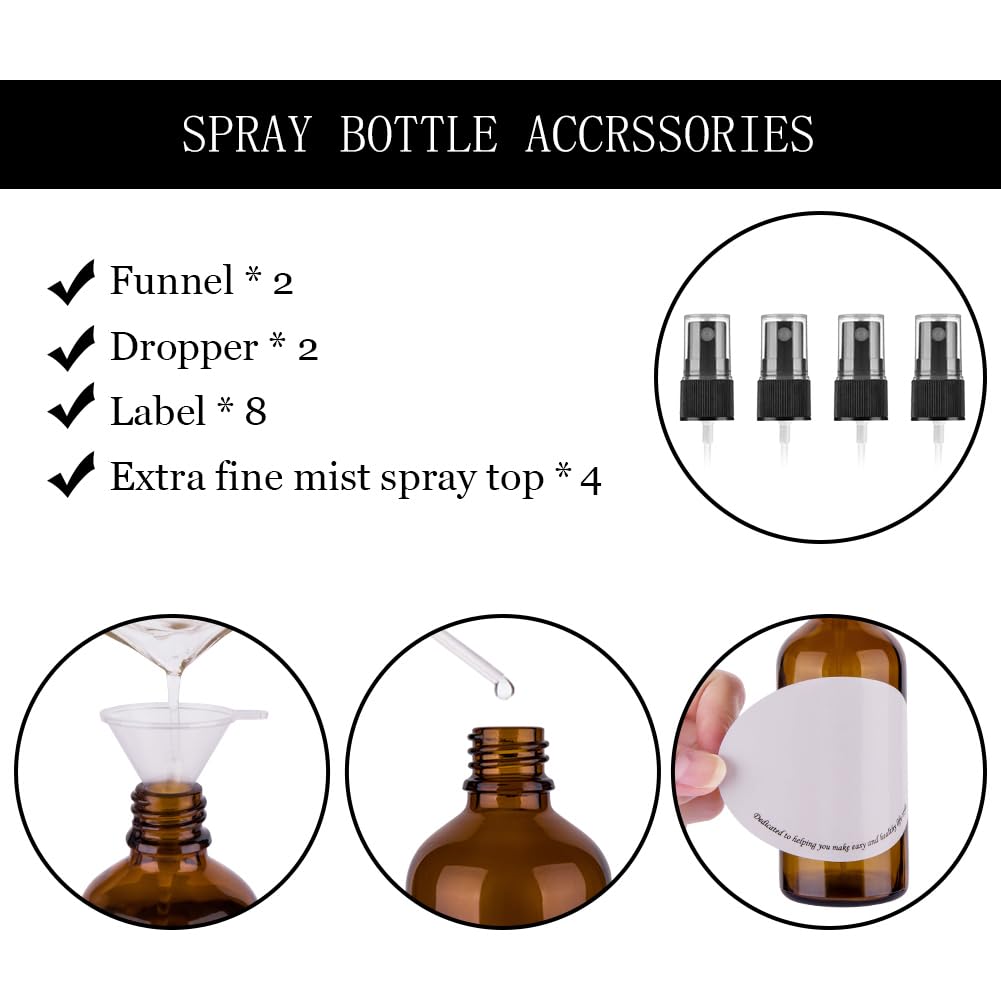 Amber Glass Spray Bottles - 4 oz Fine Mist Spray Bottles | Set of 4 Amber Bottles