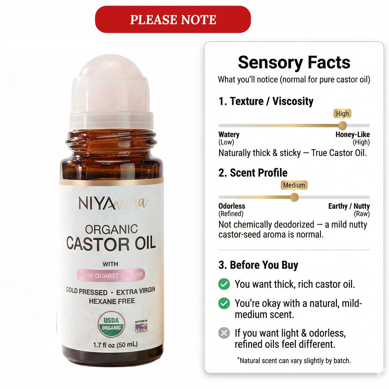 NIYAVERA Organic Castor Oil Roll on with Rose Quartz for Skin and Body - Cold Pressed Hexane Free Glass Bottle Unrefined 1.7 oz