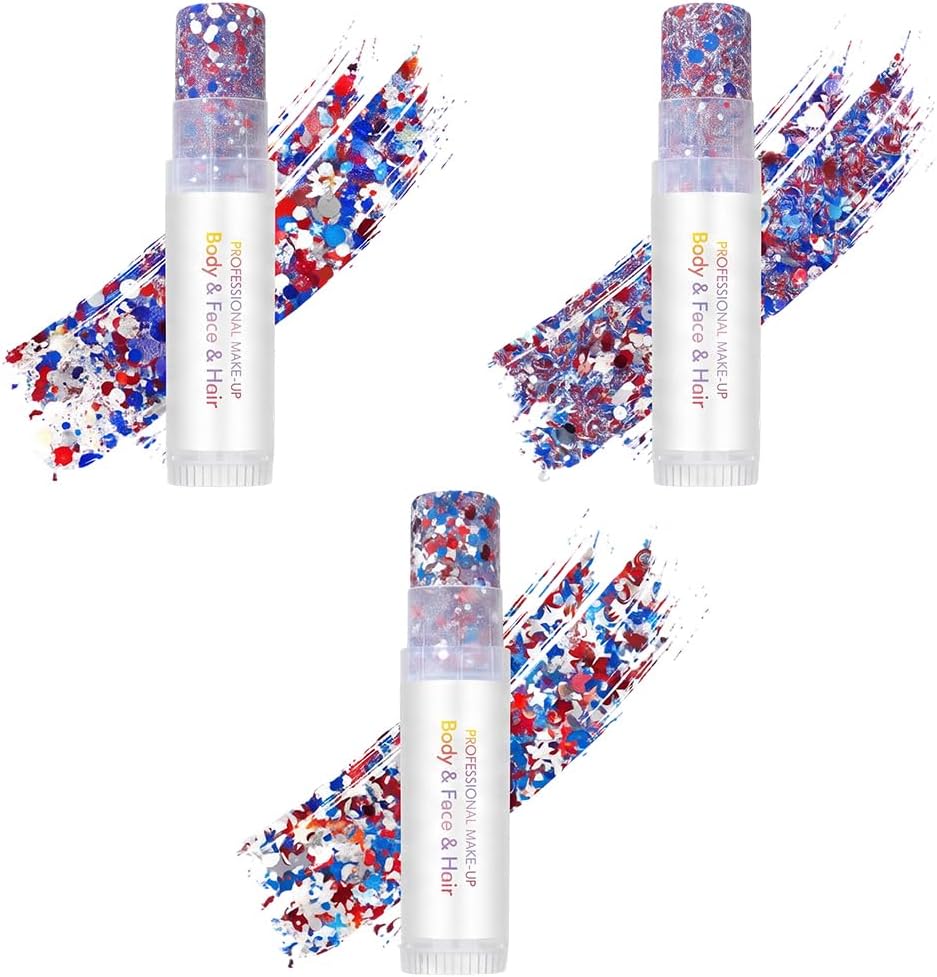 Patriotic Red White and Blue Glitter Stick - USA Hair & Face Gel for 4th of July Celebrations | Independence Day Accessory
