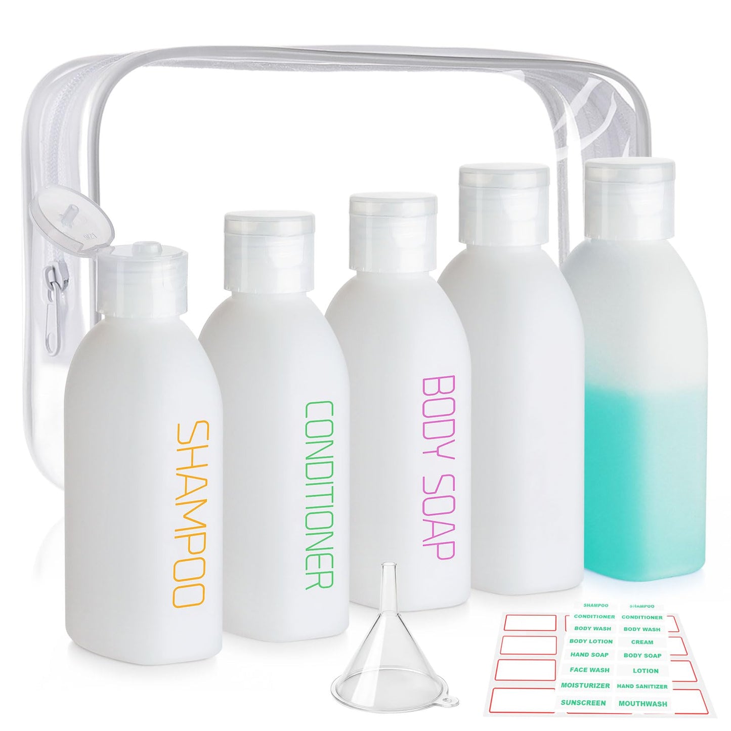 Cosywell Travel Bottles for Toiletries 5 Pack 3.4oz Pre-Printed Shampoo, Conditioner & Body Soap - Soft Touch HDPE Travel Size Containers TSA Approved Leak Proof Squeezable Toiletry Bottle(White)