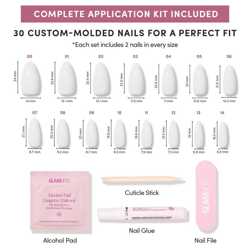 Glamnetic Press-On Nails | Medium Almond Milky White Fake Nails - 30 Nail Kit with Glue, 15 Sizes Available