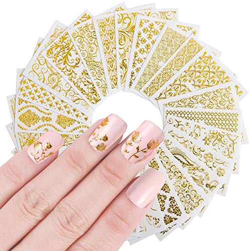 KISSBUTY Metallic Flower & Vine Nail Decals - 20 Sheets Gold Floral Nail Art Stickers for DIY & Salon