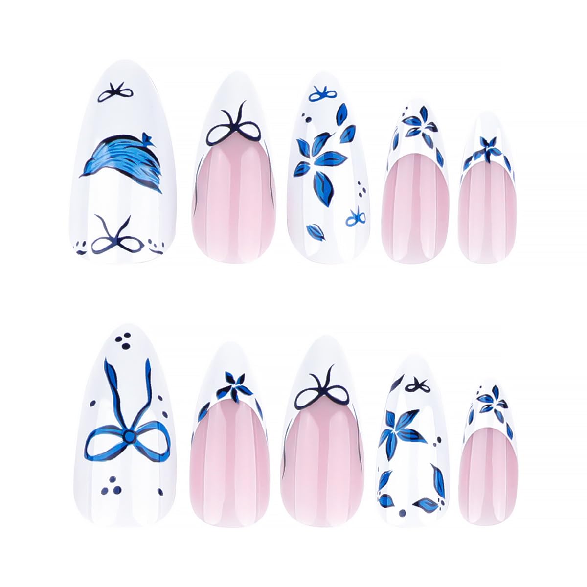 Blue Flower Press-On Nails - Medium Almond French Tip with Bow Design | Glossy Full Cover for DIY Manicure