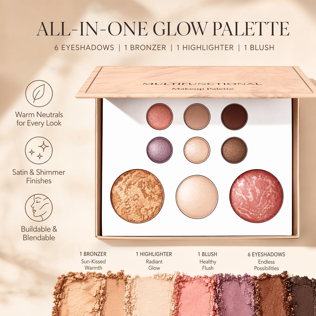 Multifunctional Makeup Palette - 6 Eyeshadows & 3 Face Powders, Neutral Shades | Cruelty-Free, Inspired by Tuscan Elegance
