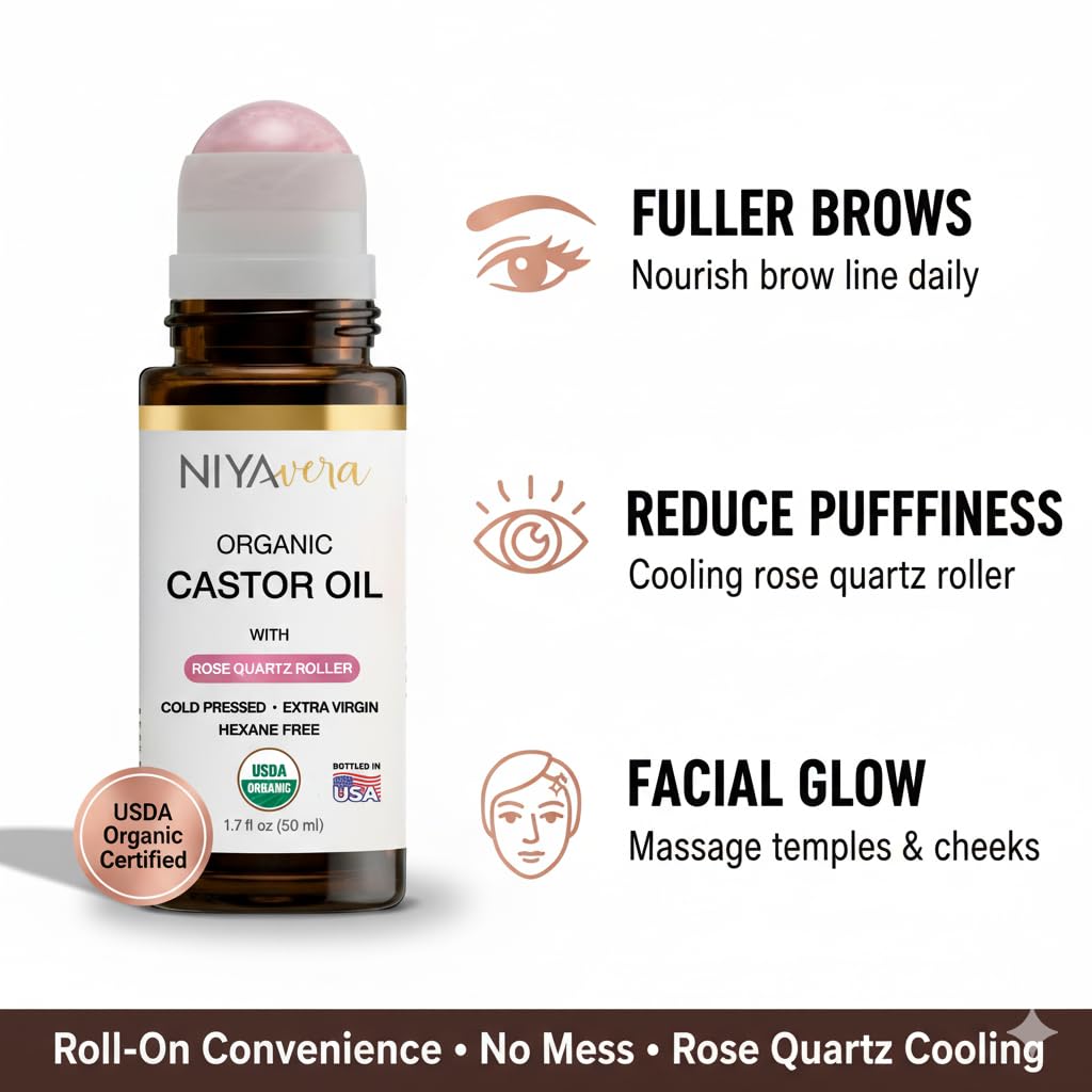 NIYAVERA Organic Castor Oil Roll on with Rose Quartz for Skin and Body - Cold Pressed Hexane Free Glass Bottle Unrefined 1.7 oz