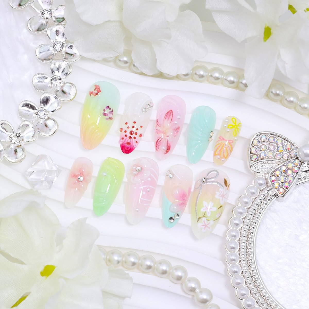 Colorful Summer Press-On Nails - Medium Almond Peach Blossom Design with Bow & Rhinestones | 24 Pcs Full Cover Acrylic Manicure