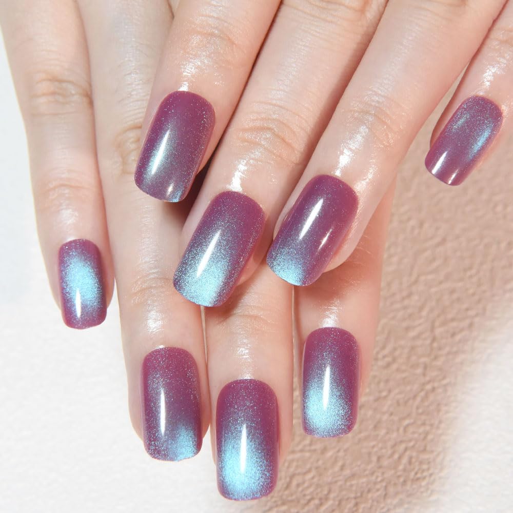 Aqua Blue Cat Eye Press-On Nails - Medium Square Chrome Design | Holographic Glitter Gel Acrylic Reusable