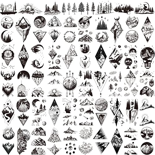 Hotoyannia Mountain Geometric Temporary Tattoos - 62 Sheets Waterproof Body Art for Adults & Kids