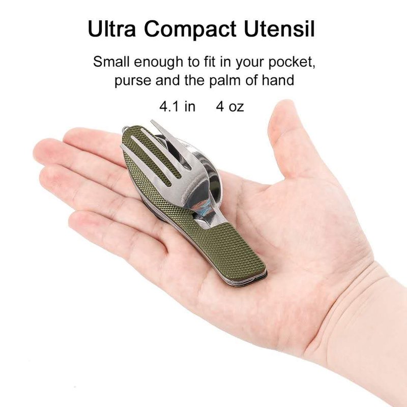 2Pcs Detachable Camping Utensils Cutlery Set, Caudblor Portable 4 in 1 Stainless Steel Travel Utensil, Foldable Knife Fork Spoon Bottle Opener, Multi Function Eating Flatware Tableware(Green Black)