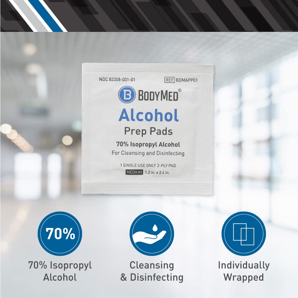 BodyMed Alcohol Prep Pads with 70% Isopropyl Alcohol, 100 Count - Individually Wrapped 1.2 in. x 2.4 in. Wipes - Great for Medical & First Aid Kits - Sterile, 2-Ply Swabs