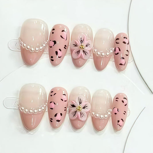 Press-On Nails - 30 Pcs Pink Flower French Tip Design | Short Almond 3D Floral Full Cover Acrylic Set