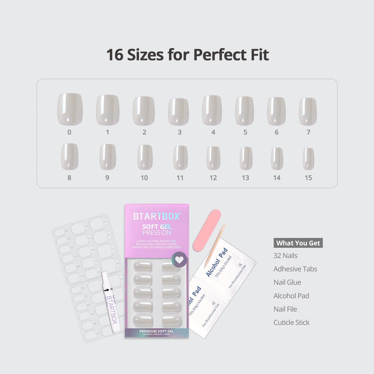 BTArtbox Press On Nails Short - White Soft Gel Press On Nail, Square Chrome Nail Tips Glue On Nails, Reusable Stick On Nails in 15 Sizes - 30 Soft Gel Fake Nails Kit, Vanilla Glazed