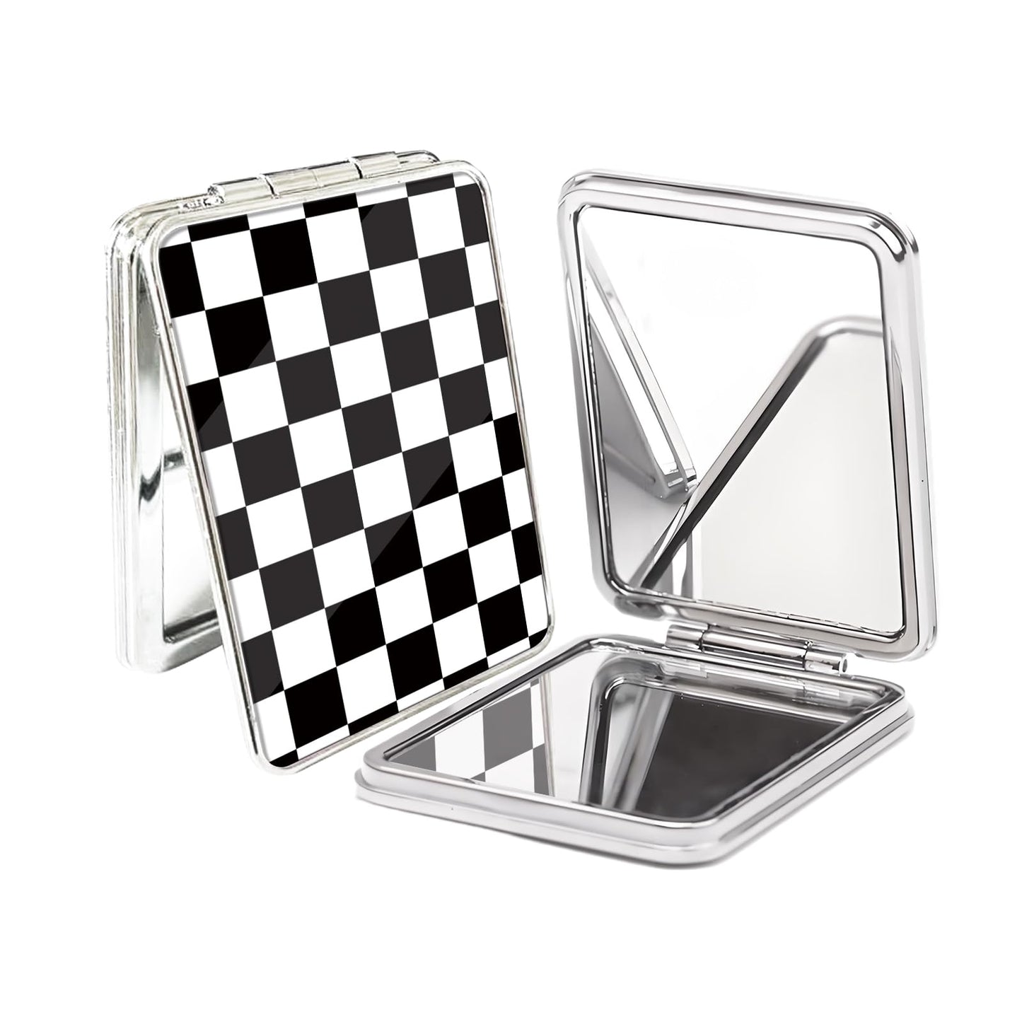 POTYHDC Compact Pocket Mirror, Cute Travel Mini Mirror with Magnification, Foldable Double-Sided Portable Cosmetic Mirror for Men, Women Black White Checkers