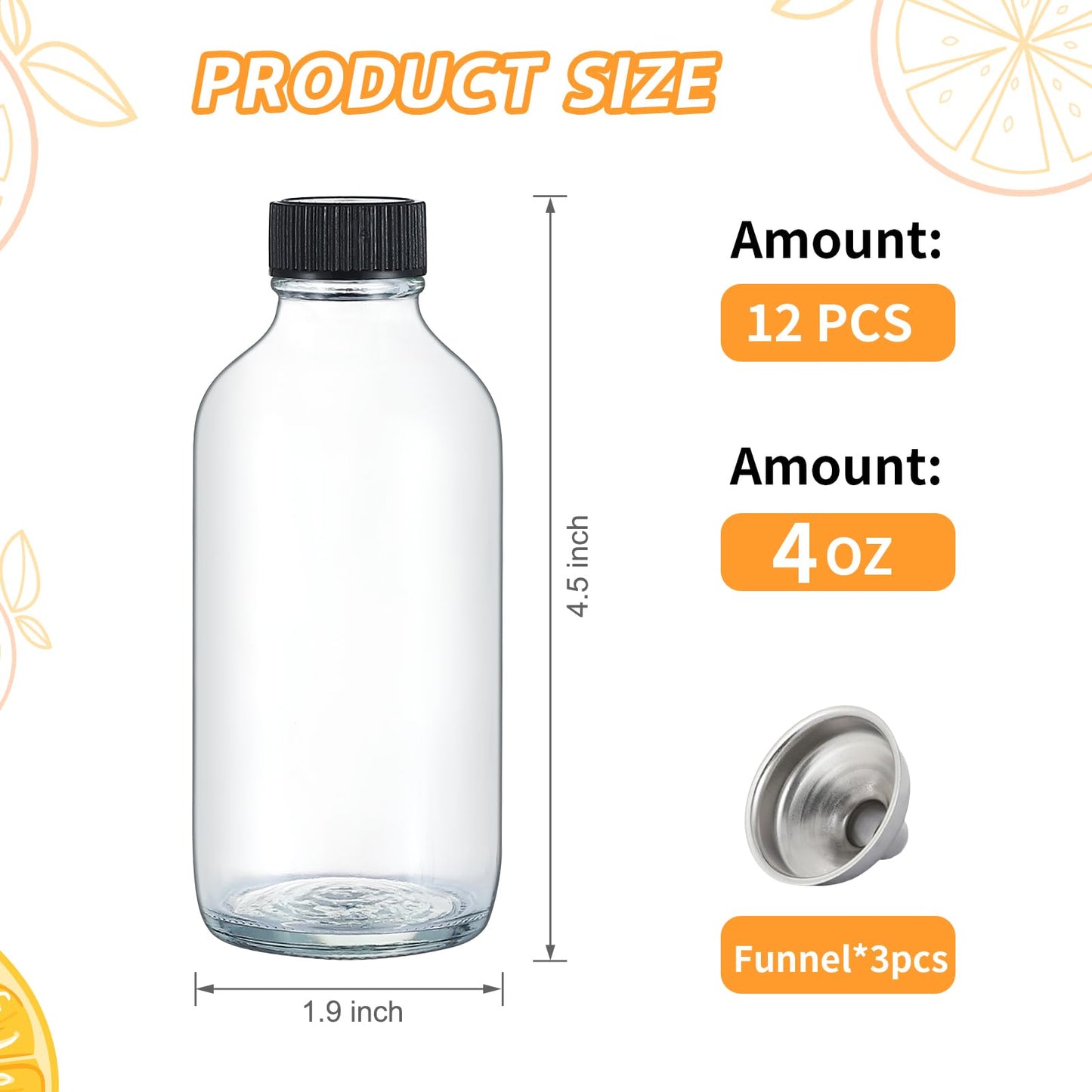 4 OZ Glass Bottles with Lids, 12Pcs Small Glass Containers with Lids and 3 Stainless Steel Funnels Clear Reusable Decorative Bottles for Juice Wellness Ginger Shots Whiskey Homemade Vanilla (4OZ)