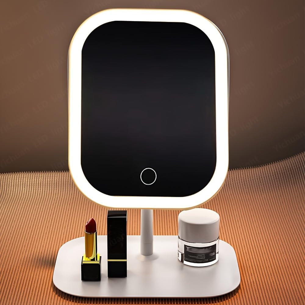 LED Vanity Mirror with Lights, 3 Light Settings Touch Control Dimmable Makeup Mirror, USB Rechargeable Portable Travel Mirror with Rotating Stand, Desktop Cosmetic Accessory for Home Dorm Desk, White