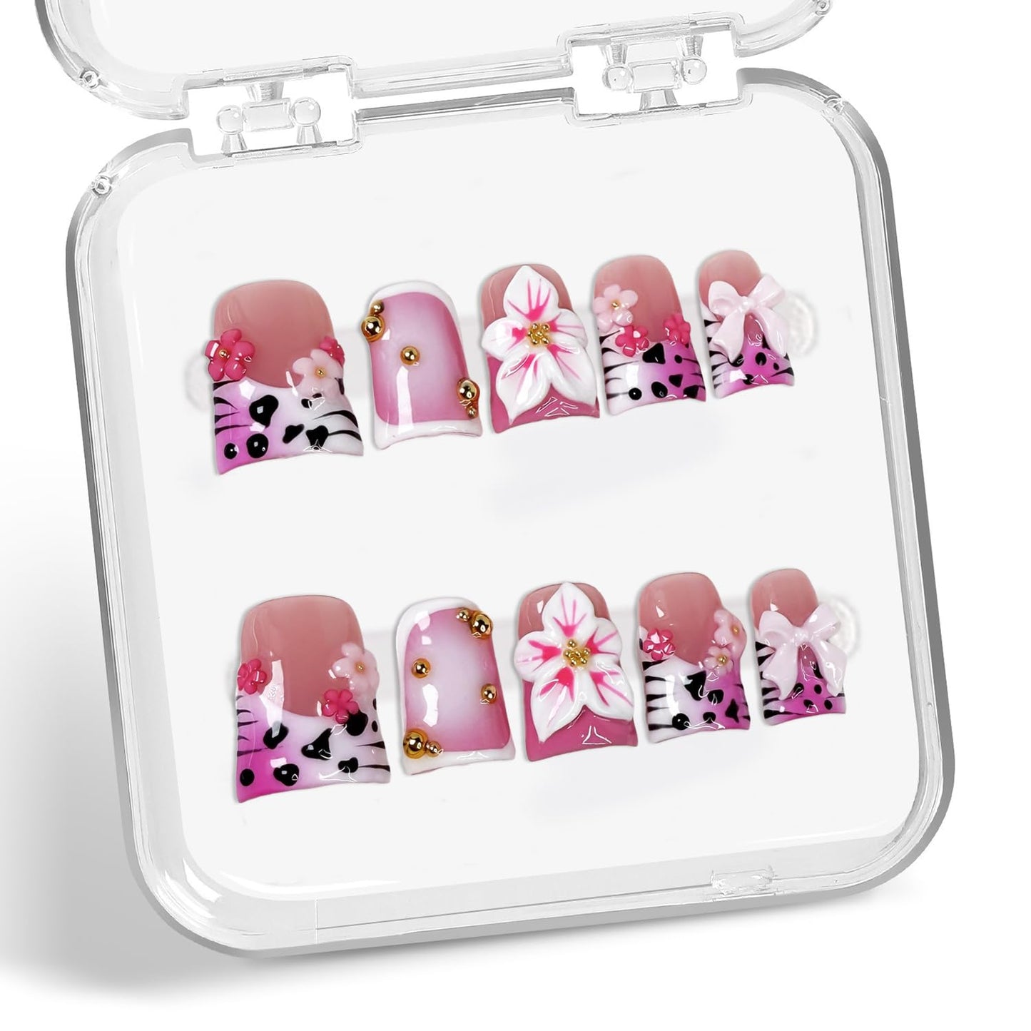 Colorful 3D Flower Press-On Nails - Handmade Thick Acrylic Full Cover | White French Tip (Medium)