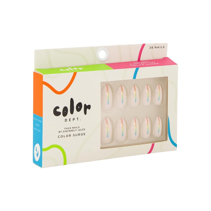 Color Surge Faux Nails - Short Almond Press-On Nails with Pearl Iridescent Finish | Rainbow Stripe Design Acrylic Nail Kit for Women