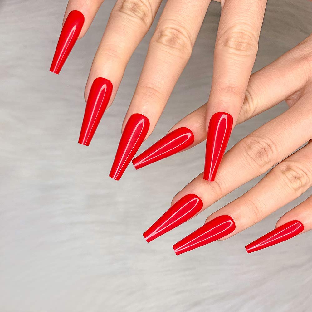 Ballerina Long Coffin Glossy Fake Nails - 24pcs Red Press-On Nail Tips for Women