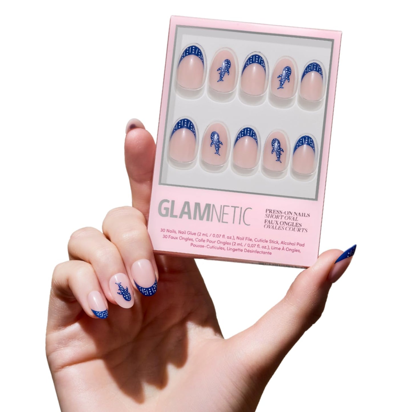 Glamnetic Press On Nails - Medium Coffin Blue & White French Tip Set | 30 Nail Kit with Glue - Salon Quality Vacation Nails