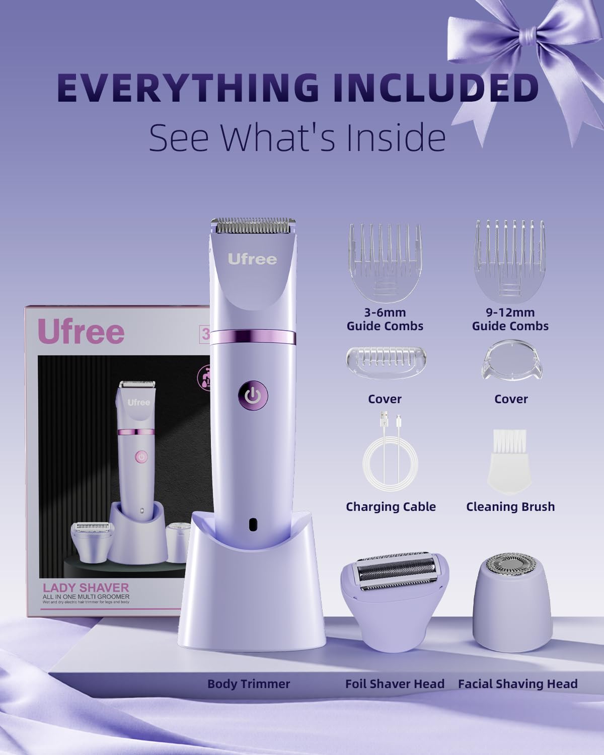 Electric Bikini Trimmer for Women - Waterproof Rechargeable Razor with Ceramic Blade | Personal Groomer for Legs & Pubic Hair - Purple