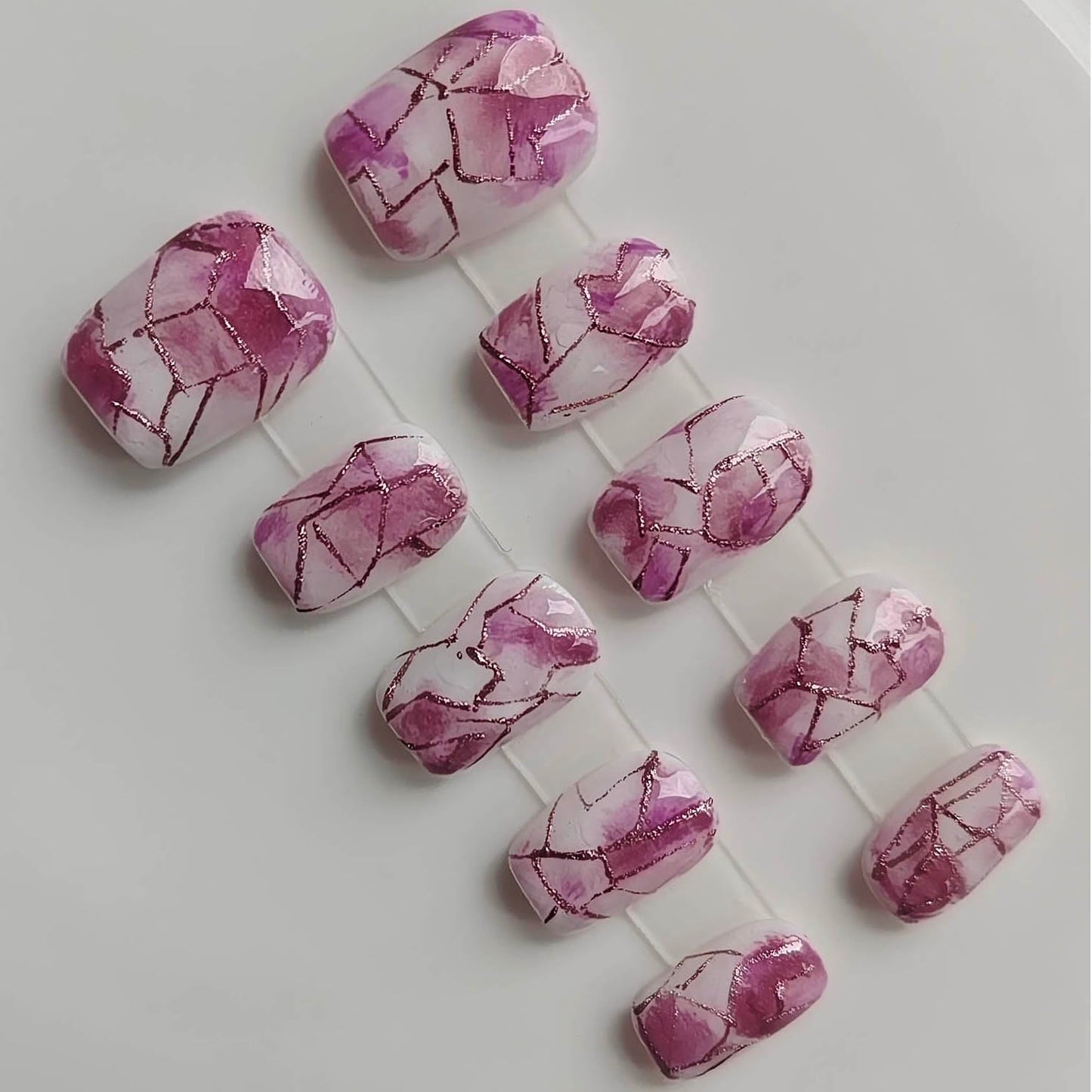 Pink Press On Nails - Handmade Short Square Style | M Size Daily Wear Y2K Cute French Design with Polka Dot & 3D Flowers - 10 Pcs