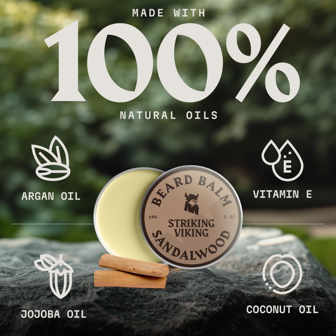 Striking Viking Natural Beard Balm for Men - 2 Oz, Sandalwood - Hydrating Beard Conditioner with Argan & Jojoba Oil - Softening Facial Hair Infusion with Shea Butter