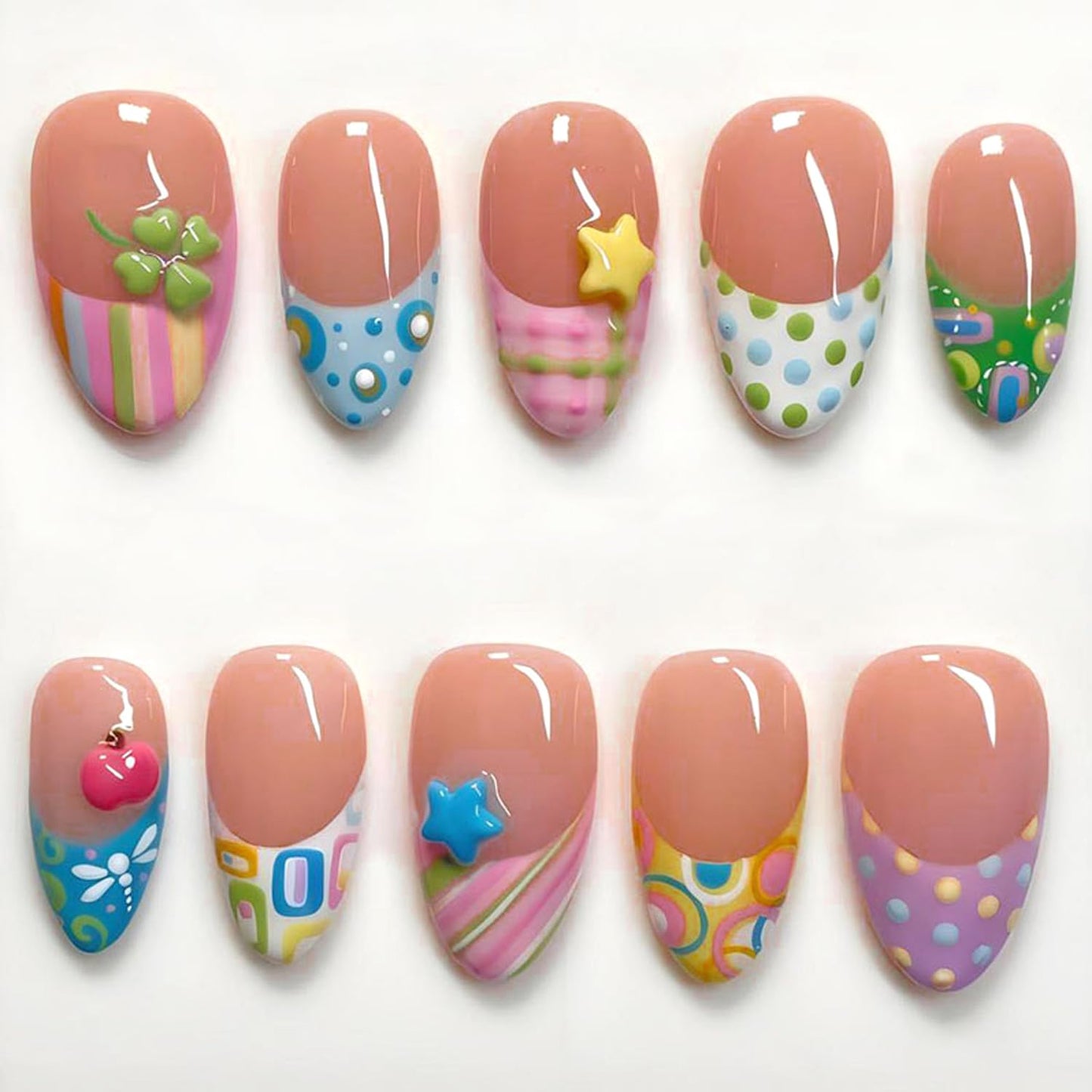 Press-On Nails - 24Pcs Medium Almond Fake Nails with Lotus & Lucky Koi Design | Glossy Full Cover for Spring/Summer DIY Manicure
