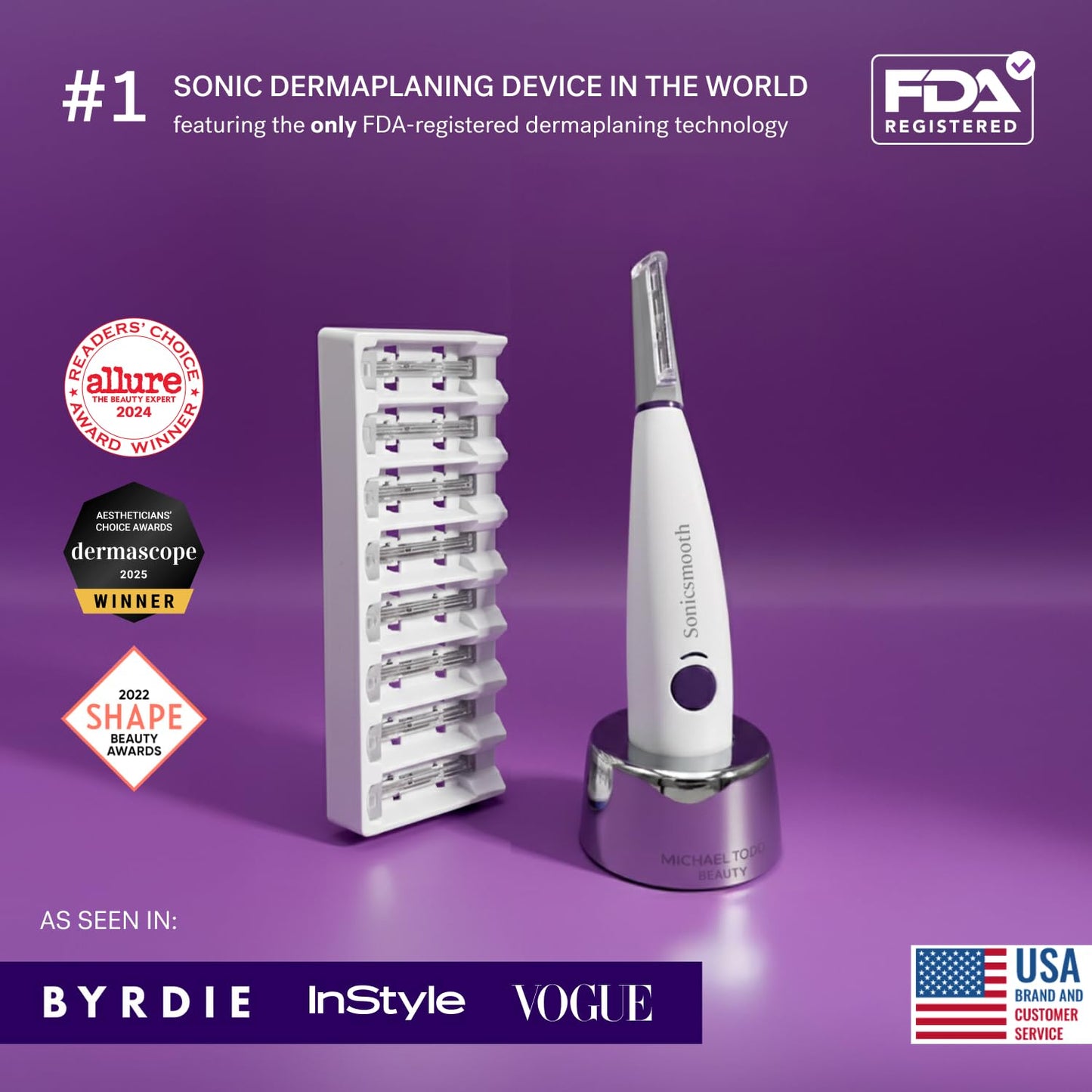Michael Todd Beauty Sonicsmooth Dermaplane Razor for Women Face + Eyebrow trimmer Dermaplaning System - Peach Fuzz Remover - 8 Weeks of Dermaplaning Blades