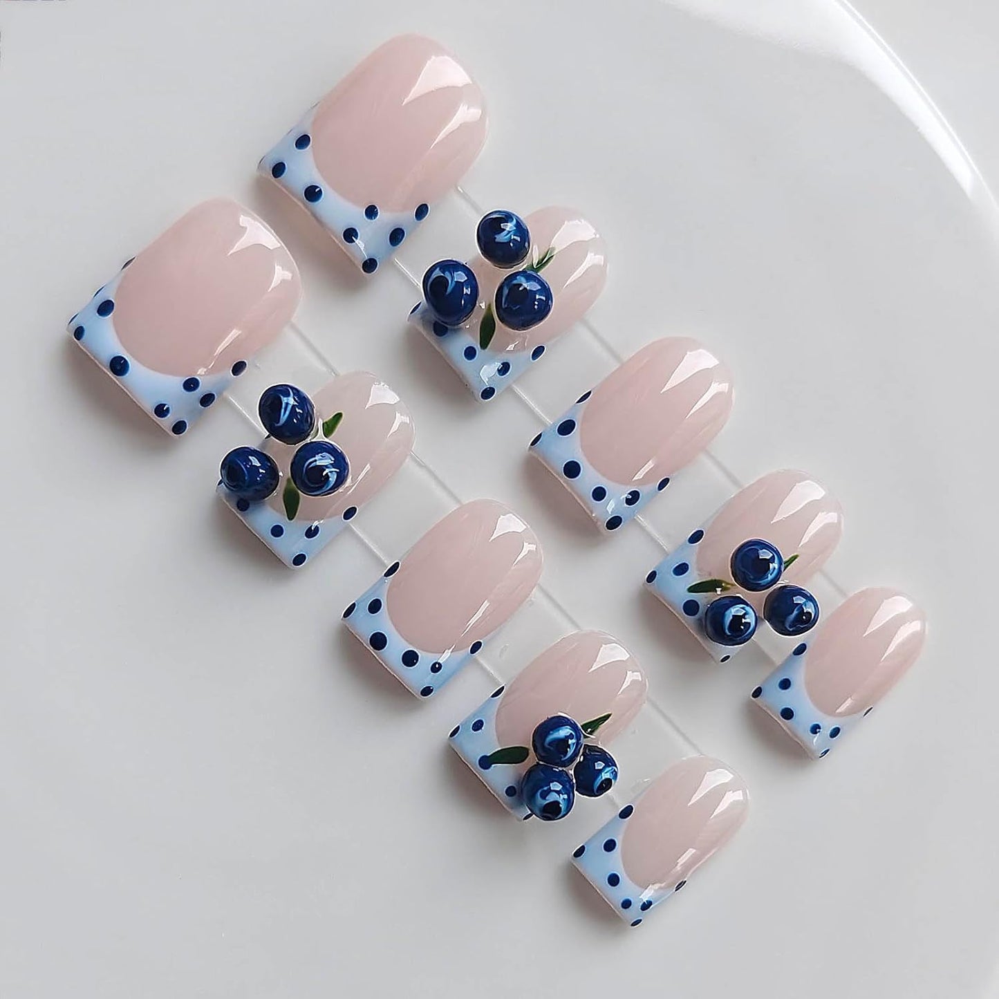 Pink Press On Nails - Handmade Short Square Style | M Size Daily Wear Y2K Cute French Design with Polka Dot & 3D Flowers - 10 Pcs