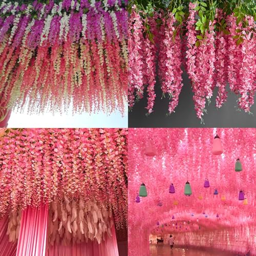 Artificial Wisteria Hanging Flowers - 12 Pack Dark Pink Silk Vines
