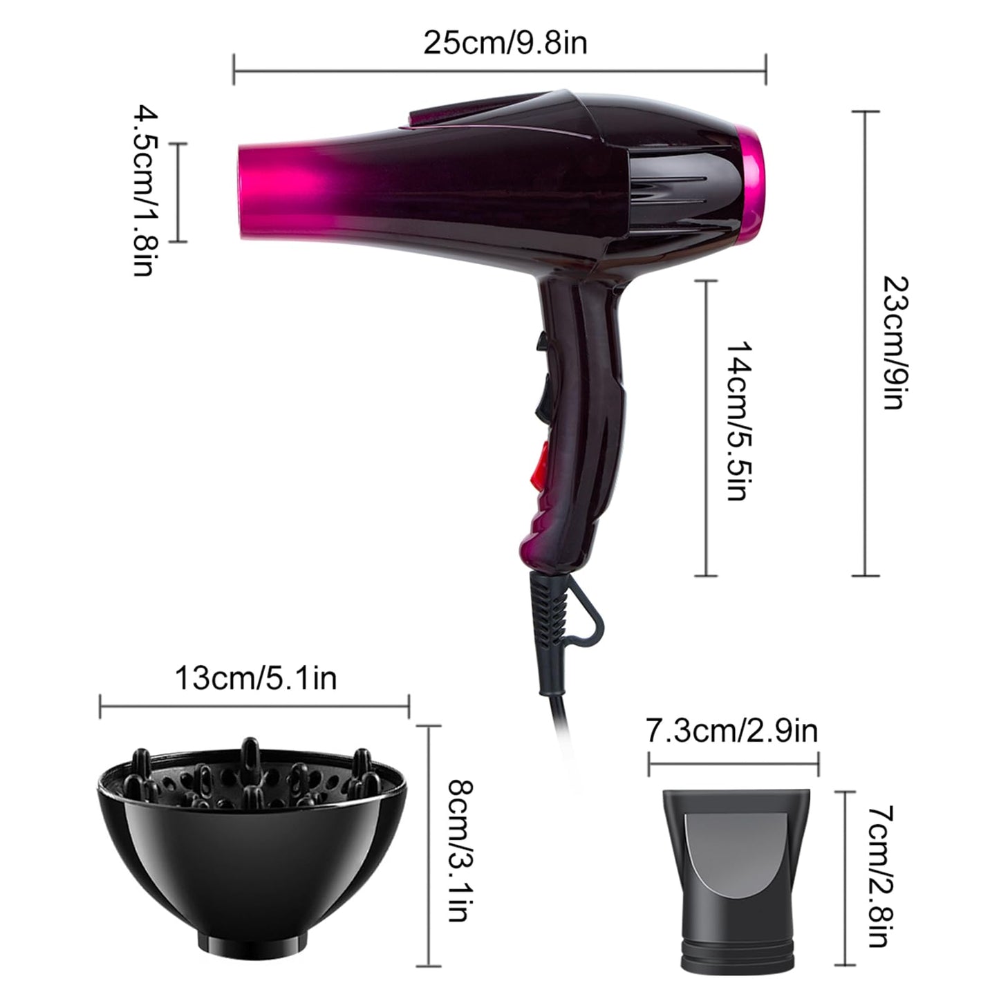 Ionic Hair Dryer with 3500W Motor, 3 Heat/2 Speed Settings, 2 Nozzles, 1 Diffuser for Professional Home Salon Use - Purple
