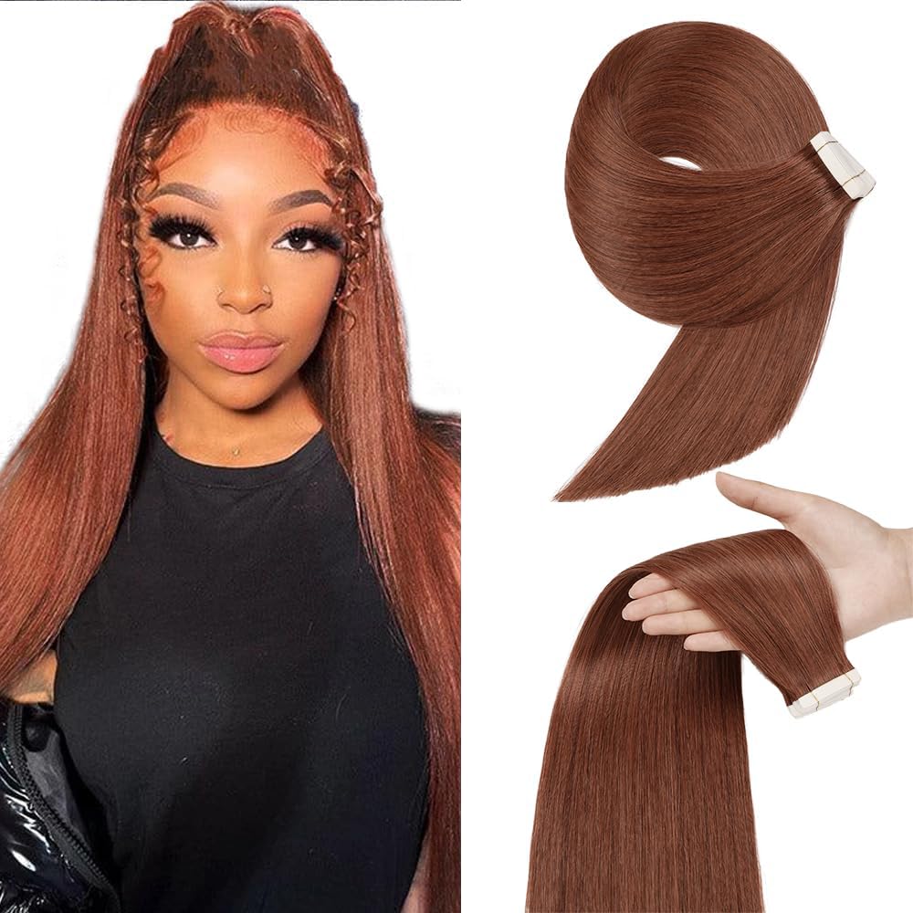 HuxoWax #33 Reddish Brown Tape In Human Hair Extensions Double Weft Straight Weave 10 Packs Total 40g Invisible Human Hair Tape In Extensions #33 Copper Red Color 14 Inch