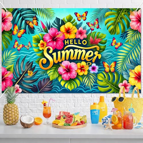 Hello Summer Banner - 71x43 Inch Tropical Party Decor