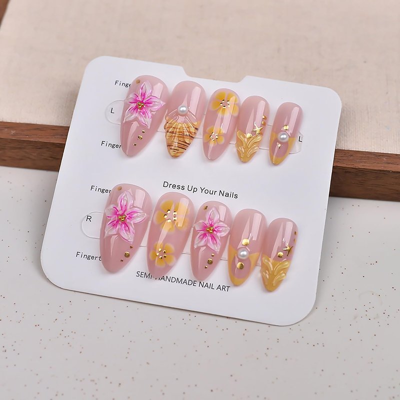 Summer Flower Press-On Nails - Medium Almond Fake Nails with 3D Designs | Pink & Yellow Acrylic Full Cover Set for DIY Nail Art