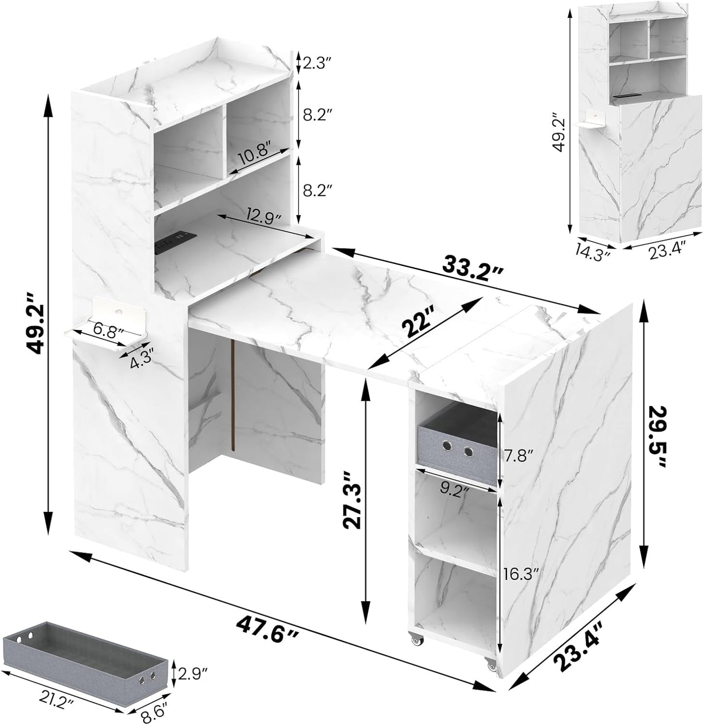 Foldable Manicure Table - Extendable Nail Station with Charging Station & Storage | Modern White Design for Home & Office