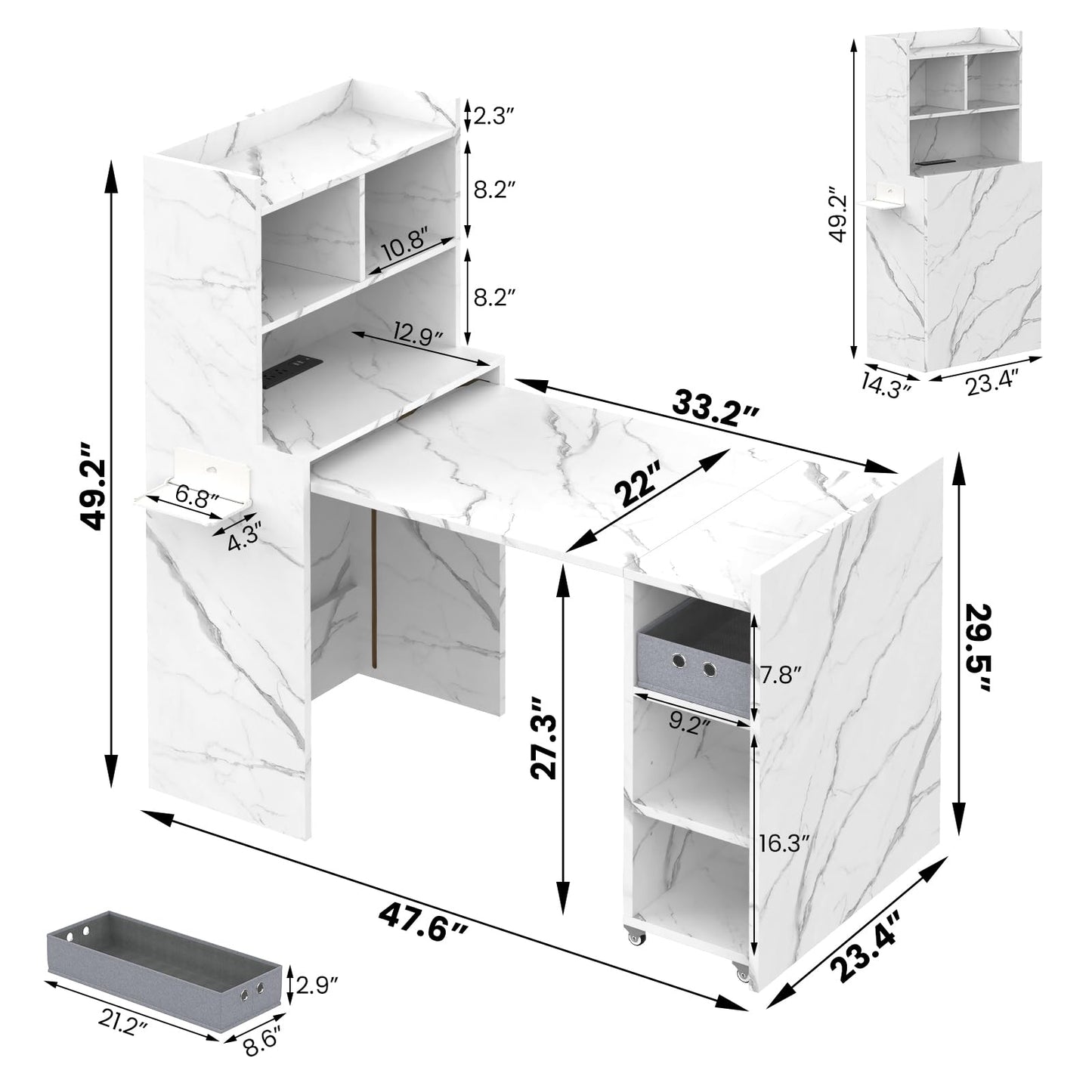 HolaiNail Foldable Manicure Table, Modern Nail Tech Table Nail Desk with Charging Station, Storage Shelf & Fabric Drawer, Wall Mount Nail Station Extendable Multipurpose Table for Home Office, White