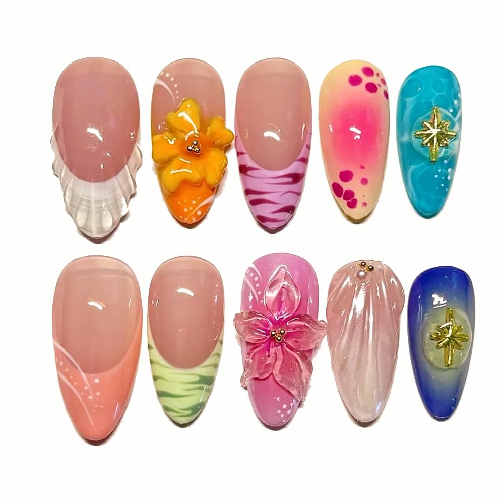 Fall Press On Nails - Handmade Gel Almond Fake Nails, Brown Art Design | Reusable 10 Pcs Acrylic Kit (Size S)