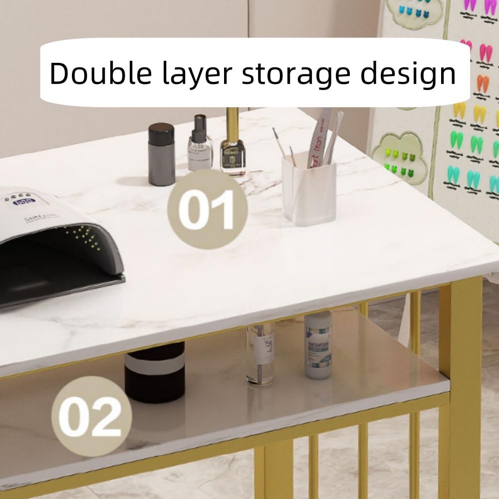 SHGCLKD Marble Finish Nail Desk for Nail Tech, Manicure Table with Gold Frame, Portable Nail Table, Spacious Workstation for Beauty Salon, Spa, Home, Office(120cm-47.2in)