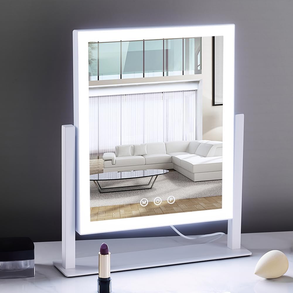 Lighted Makeup Mirror - 14.1" x 12.1" Hollywood Vanity Mirror with 3 Color Modes & 5X Magnification | Smart Touch Control, 360° Rotation (White)