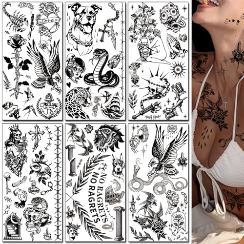 Black Old School Temporary Tattoos for Adults - 300+PCS Retro American Style Fake Arm Tattoos, Waterproof & Easy to Apply