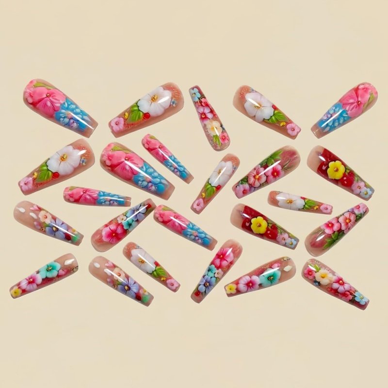 Flower Press On Nails - Medium Ballet Acrylic Nails with Green Leaf Design | 24PCS Full Cover Gel Fake Nails for Spring Manicure