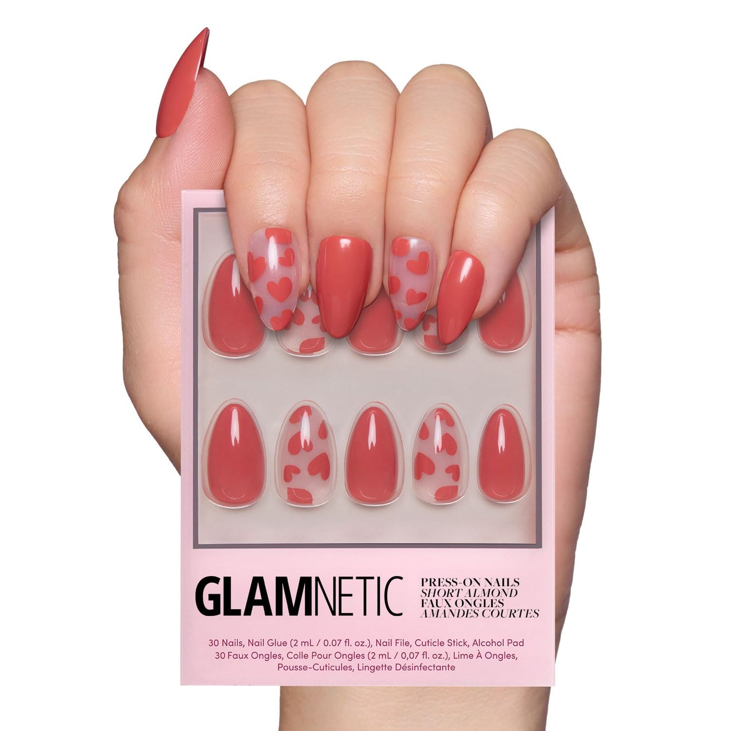 Glamnetic Press-On Nails - Pink Me Up Spring Almond Nails | Pastel Pink French Tips with 3D Pearls - 30 Nail Kit, 15 Sizes