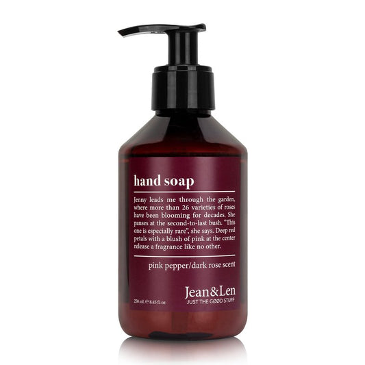 Jean & Len Hand Soap Pink Pepper & Dark Rose, gently cleanses stressed hands, suitable for daily use, liquid soap in pump dispenser, sensual fragrance, vegan, 8.45 Fl. Oz.