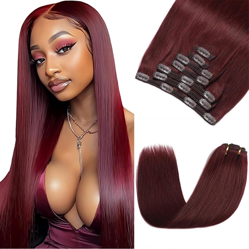 Wine Red Clip in Hair Extensions Real Human Hair, 28 Inch 120g/7Pcs,Full Shine Remy Hair,#99J Burgundy Straight Clip ins Brazilian Virgin Human Hair Extensions